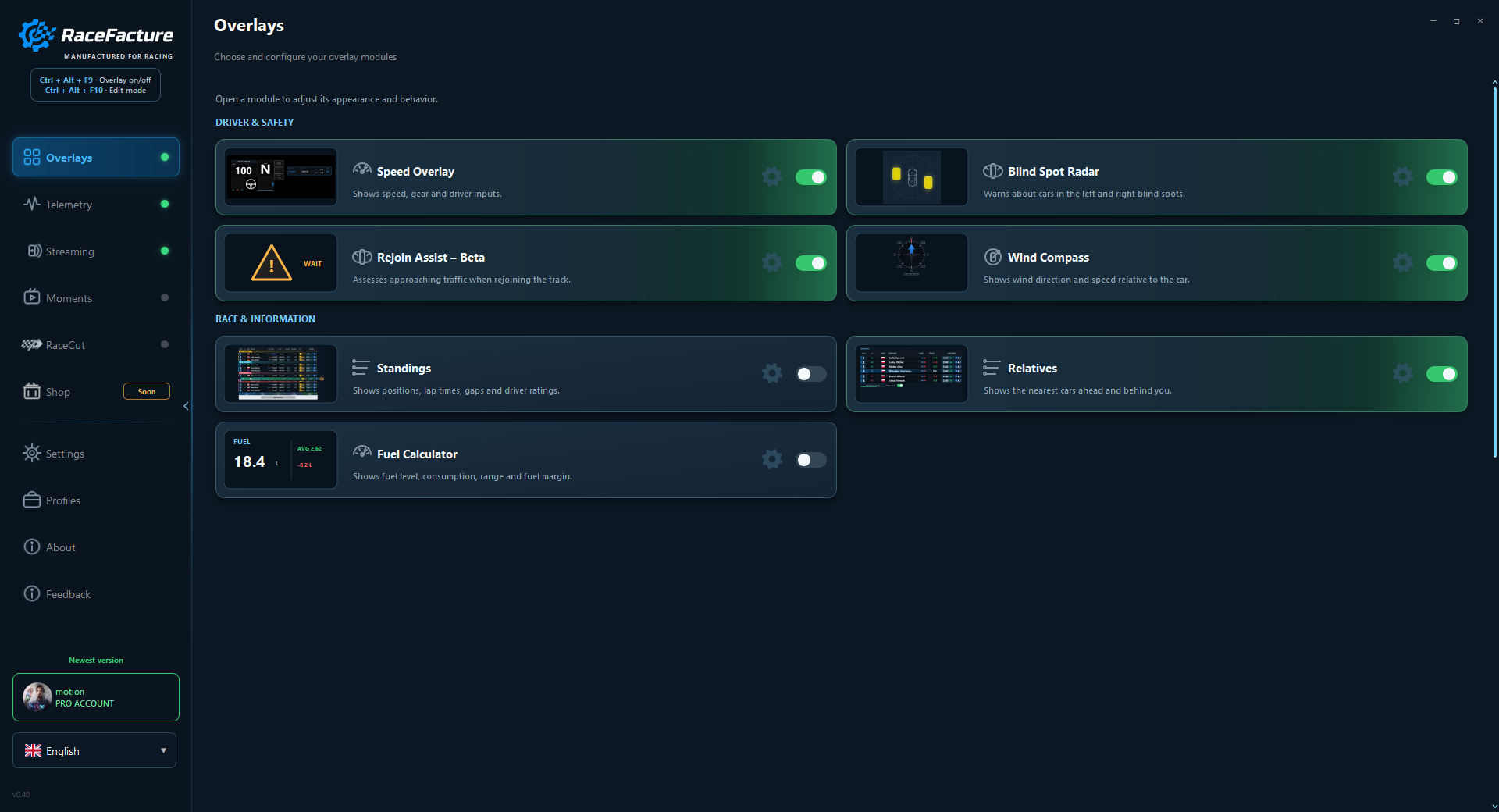 RaceFacture overlay module controls