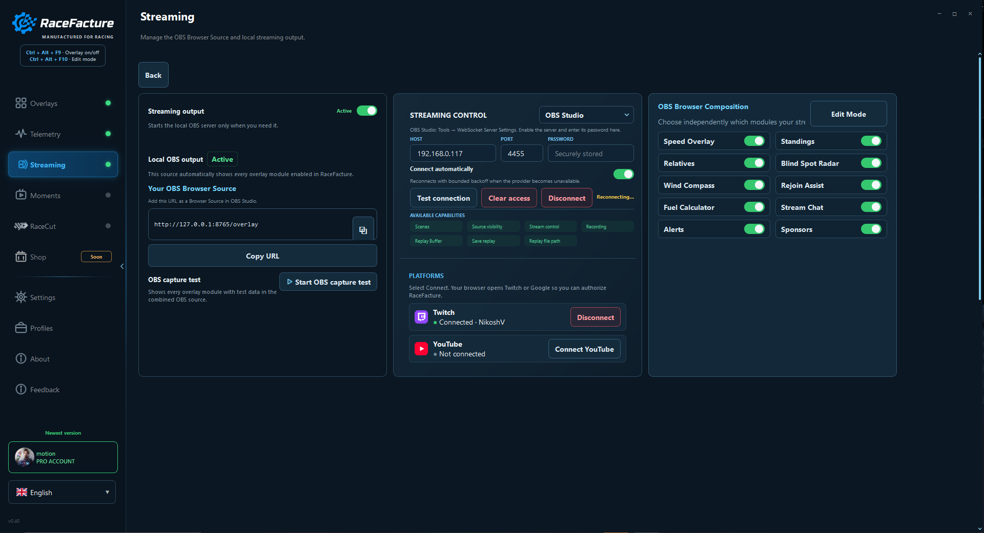RaceFacture streaming provider controls