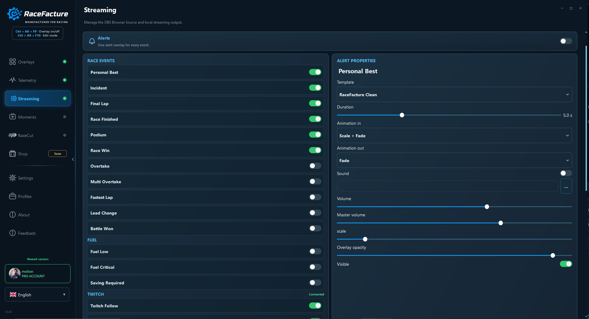 RaceFacture stream alerts and sponsor controls
