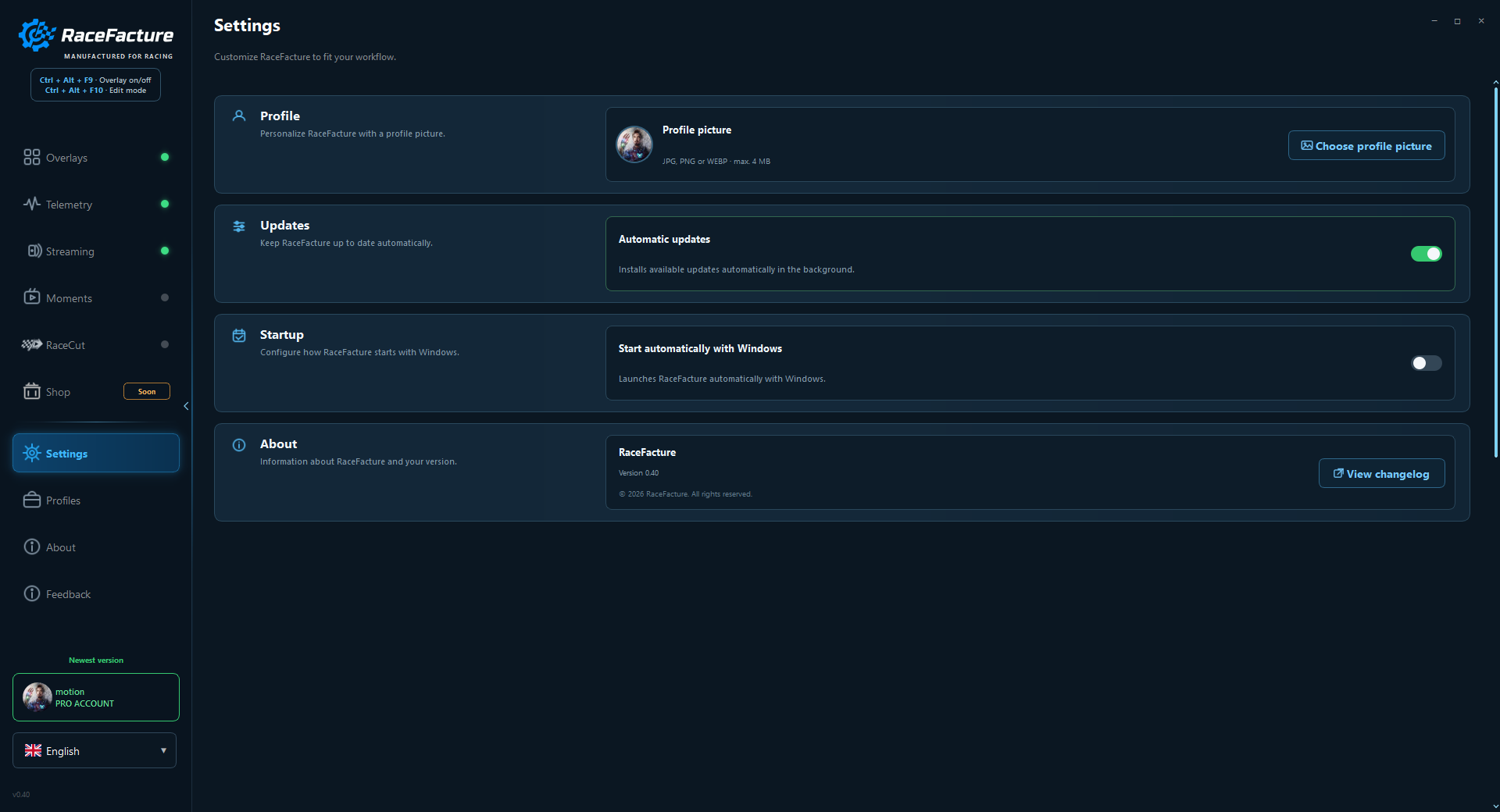 RaceFacture profiles and settings
